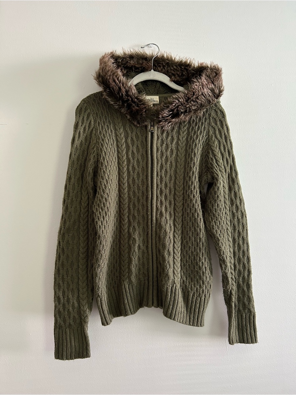 Vintage Forever 21 Boutique Olive Cable-Knit Hooded Sweater with Faux Fur Trim